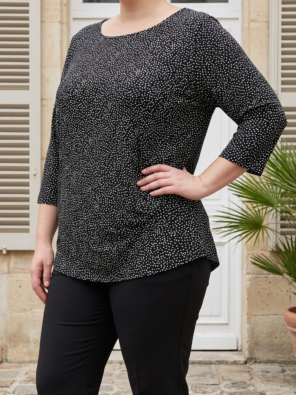 Tahari Black White Polka Dot Blouse Plus 2X 22W 24W Ruched Stretch Knit Top